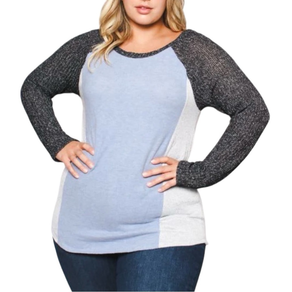 MAI SOLI Two Tone Knit Long Sleeve Scoop Neck Top - Picture 2 of 5